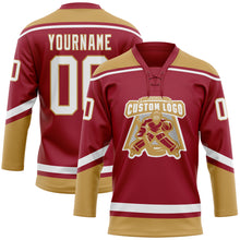 Load image into Gallery viewer, Custom Maroon White-Old Gold Hockey Lace Neck Jersey