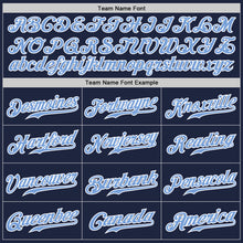 Load image into Gallery viewer, Custom Navy White Pinstripe Light Blue-White Authentic Baseball Jersey