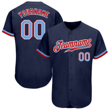 Load image into Gallery viewer, Custom Navy Light Blue-Red Authentic Baseball Jersey