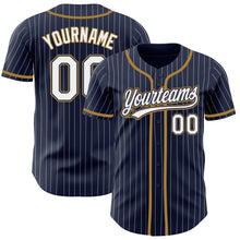 Load image into Gallery viewer, Custom Navy White Pinstripe White-Old Gold Authentic Baseball Jersey
