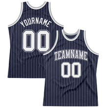 Load image into Gallery viewer, Custom Navy White Pinstripe White-Gray Authentic Basketball Jersey