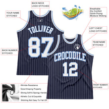 Load image into Gallery viewer, Custom Navy White Pinstripe White-Light Blue Authentic Basketball Jersey