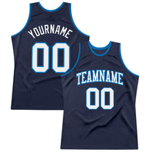 Load image into Gallery viewer, Custom Navy White-Blue Authentic Throwback Basketball Jersey