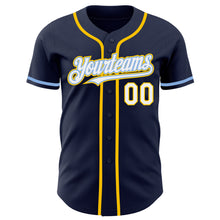 Load image into Gallery viewer, Custom Navy White Yellow-Light Blue Authentic Baseball Jersey