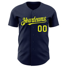 Load image into Gallery viewer, Custom Navy Neon Yellow Authentic Baseball Jersey