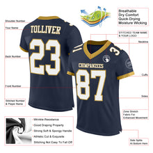 Load image into Gallery viewer, Custom Navy White-Old Gold Mesh Authentic Football Jersey