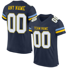 Load image into Gallery viewer, Custom Navy White Light Blue-Yellow Mesh Authentic Football Jersey