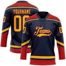 Load image into Gallery viewer, Custom Navy Gold-Red Hockey Lace Neck Jersey