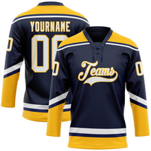 Load image into Gallery viewer, Custom Navy White-Gold Hockey Lace Neck Jersey
