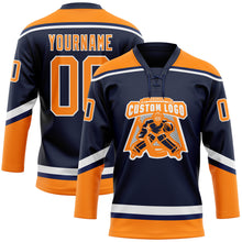 Load image into Gallery viewer, Custom Navy Bay Orange-White Hockey Lace Neck Jersey