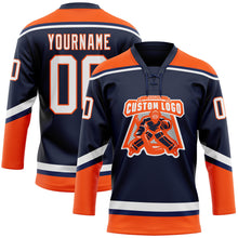 Load image into Gallery viewer, Custom Navy White-Orange Hockey Lace Neck Jersey