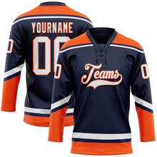 Load image into Gallery viewer, Custom Navy White-Orange Hockey Lace Neck Jersey