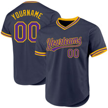 Load image into Gallery viewer, Custom Navy Purple-Gold Authentic Throwback Baseball Jersey