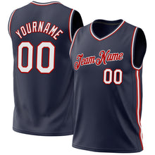 Load image into Gallery viewer, Custom Navy White-Red Authentic Throwback Basketball Jersey