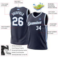 Load image into Gallery viewer, Custom Navy White-Light Blue Authentic Throwback Basketball Jersey