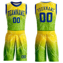 Load image into Gallery viewer, Custom Neon Green Royal-Gold Round Neck Sublimation Basketball Suit Jersey