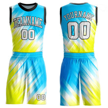 Load image into Gallery viewer, Custom Neon Green White-Light Blue Round Neck Sublimation Basketball Suit Jersey