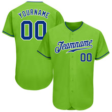 Load image into Gallery viewer, Custom Neon Green Royal-White Authentic Baseball Jersey