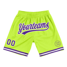 Load image into Gallery viewer, Custom Neon Green Purple-White Authentic Throwback Basketball Shorts