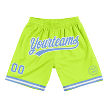Load image into Gallery viewer, Custom Neon Green Light Blue-White Authentic Throwback Basketball Shorts