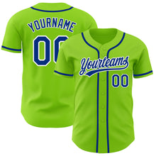 Load image into Gallery viewer, Custom Neon Green Royal-White Authentic Baseball Jersey