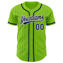Load image into Gallery viewer, Custom Neon Green Navy Pinstripe White Authentic Baseball Jersey