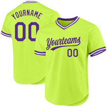 Load image into Gallery viewer, Custom Neon Green Purple-White Authentic Throwback Baseball Jersey
