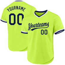 Load image into Gallery viewer, Custom Neon Green Navy-White Authentic Throwback Baseball Jersey