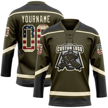 Load image into Gallery viewer, Custom Olive Vintage USA Flag Cream-Black Salute To Service Hockey Lace Neck Jersey