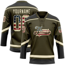 Load image into Gallery viewer, Custom Olive Vintage USA Flag Cream-Black Salute To Service Hockey Lace Neck Jersey