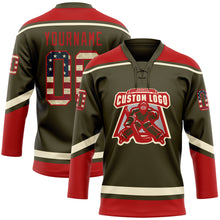 Load image into Gallery viewer, Custom Olive Vintage USA Flag Red-Cream Salute To Service Hockey Lace Neck Jersey