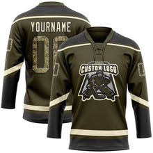 Load image into Gallery viewer, Custom Olive Camo Black-Cream Salute To Service Hockey Lace Neck Jersey