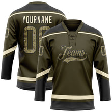 Load image into Gallery viewer, Custom Olive Camo Black-Cream Salute To Service Hockey Lace Neck Jersey
