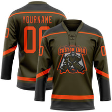 Load image into Gallery viewer, Custom Olive Orange-Black Salute To Service Hockey Lace Neck Jersey
