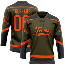 Load image into Gallery viewer, Custom Olive Orange-Black Salute To Service Hockey Lace Neck Jersey