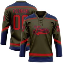 Load image into Gallery viewer, Custom Olive Red-Navy Salute To Service Hockey Lace Neck Jersey