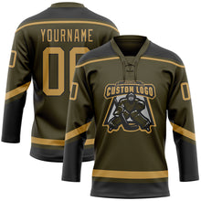Load image into Gallery viewer, Custom Olive Old Gold-Black Salute To Service Hockey Lace Neck Jersey