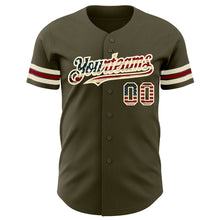 Load image into Gallery viewer, Custom Olive Vintage USA Flag Cream-Crimson Authentic Salute To Service Baseball Jersey