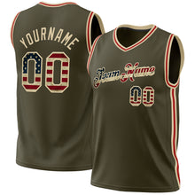 Load image into Gallery viewer, Custom Olive Vintage USA Flag Cream-Red Authentic Throwback Salute To Service Basketball Jersey