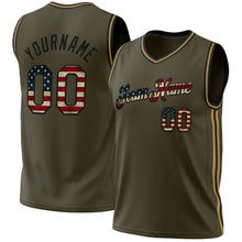 Load image into Gallery viewer, Custom Olive Vintage USA Flag Black-Old Gold Authentic Throwback Salute To Service Basketball Jersey