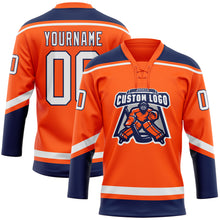 Load image into Gallery viewer, Custom Orange White-Navy Hockey Lace Neck Jersey