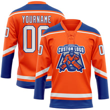 Load image into Gallery viewer, Custom Orange White-Royal Hockey Lace Neck Jersey