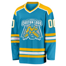 Load image into Gallery viewer, Custom Panther Blue White-Gold Hockey Jersey