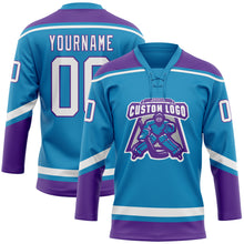 Load image into Gallery viewer, Custom Panther Blue White-Purple Hockey Lace Neck Jersey