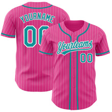 Load image into Gallery viewer, Custom Pink White Pinstripe Teal Authentic Baseball Jersey