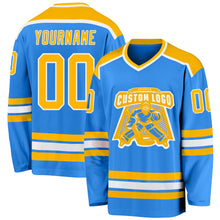 Load image into Gallery viewer, Custom Powder Blue Gold-White Hockey Jersey