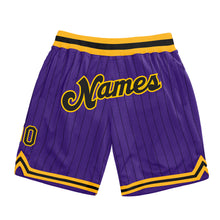 Load image into Gallery viewer, Custom Purple Black Pinstripe Black-Gold Authentic Basketball Shorts