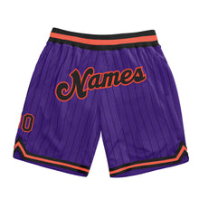 Load image into Gallery viewer, Custom Purple Black Pinstripe Black-Orange Authentic Basketball Shorts