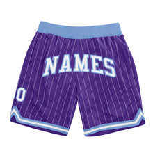 Load image into Gallery viewer, Custom Purple White Pinstripe White-Light Blue Authentic Basketball Shorts