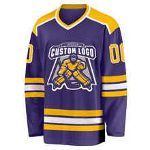Load image into Gallery viewer, Custom Purple Gold-White Hockey Jersey